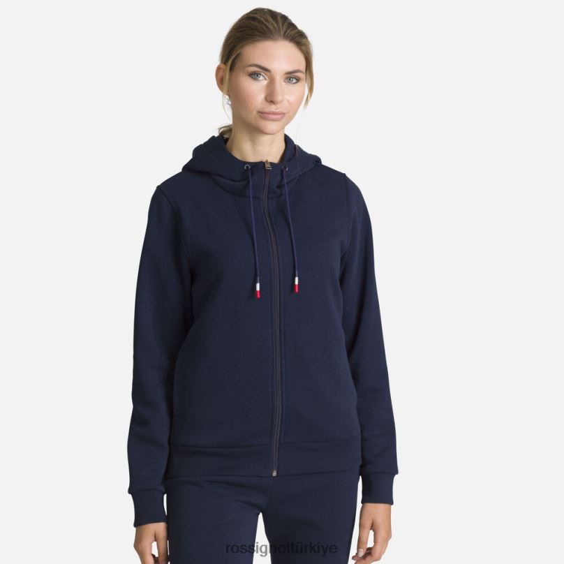 Rossignol tam fermuarlı kapüşonlu logolu pamuklu sweatshirt koyu lacivert kadınlar üstler F0TFH884